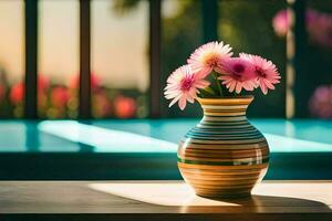 uma vaso com Rosa flores sentado em uma mesa. gerado por IA foto