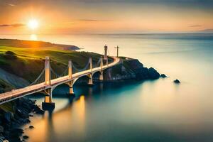 a ponte às pôr do sol sobre a oceano. gerado por IA foto