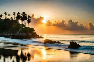 a Sol conjuntos em a de praia dentro sri lanka. gerado por IA foto