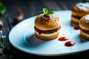 três mini hambúrgueres em uma branco placa. gerado por IA foto