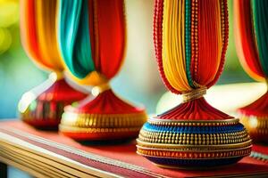 colorida seda sáris em exibição às uma casamento. gerado por IA foto