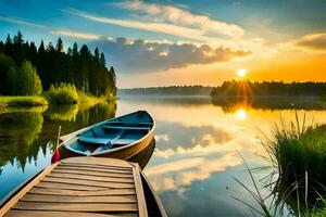 uma barco em a lago às pôr do sol. gerado por IA foto