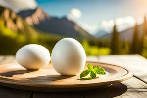 dois ovos em uma prato com uma montanha dentro a fundo. gerado por IA foto
