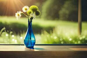 a Sol é brilhando através a janela e a flores estão dentro uma azul vaso. gerado por IA foto