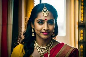 uma lindo indiano mulher dentro uma vermelho e amarelo sári. gerado por IA foto