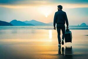 homem caminhando em de praia com mala de viagem às pôr do sol. gerado por IA foto