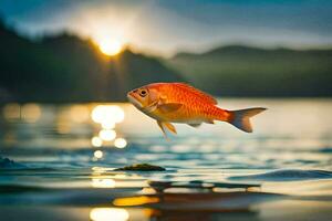 uma peixe é pulando Fora do a água às pôr do sol. gerado por IA foto