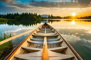 a barco é em a lago às pôr do sol. gerado por IA foto