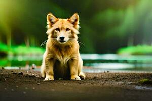 uma cachorro sentado em a terra perto uma rio. gerado por IA foto