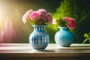 dois vasos com flores em uma mesa. gerado por IA foto