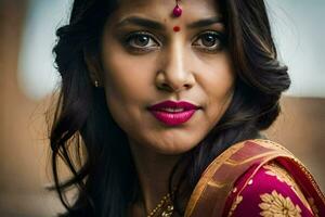 uma lindo indiano mulher com vermelho batom e uma sári. gerado por IA foto