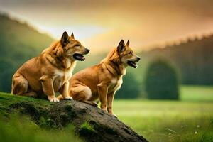 dois cachorros sentado em uma Rocha dentro a meio do uma campo. gerado por IA foto