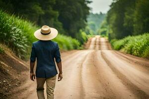 uma homem dentro uma chapéu anda em baixa uma sujeira estrada. gerado por IA foto