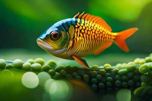 uma peixe é sentado em topo do verde plantas. gerado por IA foto
