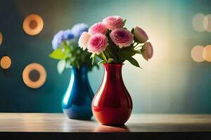 dois vasos com Rosa e azul flores sentado em uma mesa. gerado por IA foto