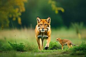 uma Raposa e uma guepardo caminhando através uma campo. gerado por IA foto