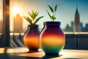dois colorida vasos com plantas dentro eles em uma mesa. gerado por IA foto