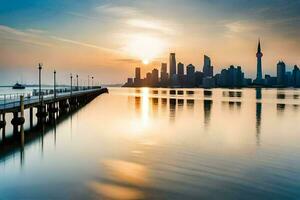 a cidade Horizonte é refletido dentro a água às pôr do sol. gerado por IA foto