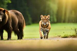 uma tigre e uma Urso caminhando dentro a madeiras. gerado por IA foto