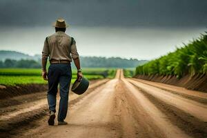 uma homem dentro uma chapéu e terno caminhando baixa uma sujeira estrada. gerado por IA foto