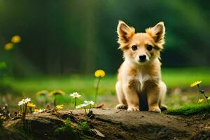 uma cachorro sentado em uma Rocha dentro uma campo com flores gerado por IA foto