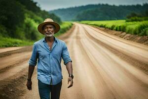 uma homem vestindo uma chapéu anda em baixa uma sujeira estrada. gerado por IA foto