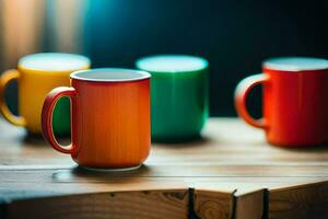 colorida café copos em uma de madeira mesa. gerado por IA foto