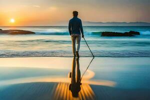 uma homem com uma bengala caminhando em a de praia às pôr do sol. gerado por IA foto