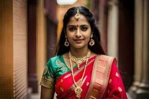 uma lindo mulher dentro uma vermelho sari e ouro joia. gerado por IA foto