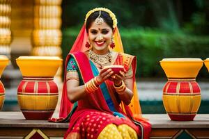 uma lindo indiano noiva dentro tradicional vestuário sentado em uma banco. gerado por IA foto