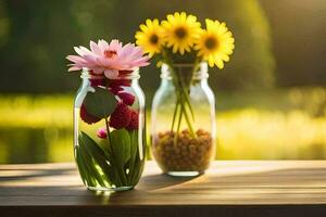 dois vasos com flores dentro eles em uma mesa. gerado por IA foto