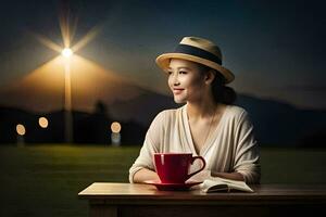 uma mulher dentro uma chapéu sentado às uma mesa com uma copo do café. gerado por IA foto