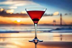 uma martini vidro em a de praia às pôr do sol. gerado por IA foto