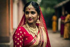 uma lindo indiano noiva dentro tradicional vermelho sári. gerado por IA foto