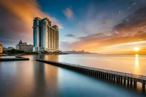 a Sol conjuntos sobre uma cidade Horizonte e uma grandes exposição foto. gerado por IA foto