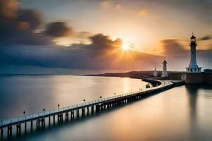 uma grandes exposição fotografia do uma farol às pôr do sol. gerado por IA foto