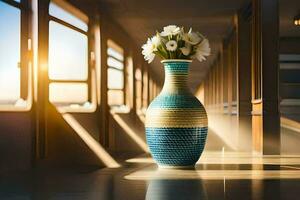 uma vaso com flores sentado em uma mesa dentro frente do uma janela. gerado por IA foto