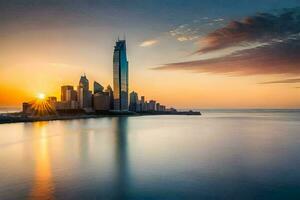 a Sol conjuntos sobre a cidade Horizonte dentro dubai. gerado por IA foto