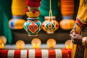 indiano Casamento decoração com colorida lanternas. gerado por IA foto