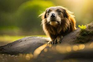 uma cachorro é sentado em uma Rocha dentro a Sol. gerado por IA foto