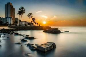 a Sol conjuntos sobre a oceano e edifícios dentro isto foto. gerado por IA foto