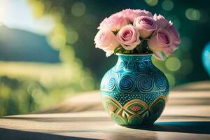 Rosa rosas dentro uma azul vaso em uma mesa. gerado por IA foto