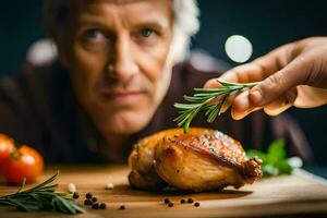 uma homem é segurando uma peça do frango em uma corte borda. gerado por IA foto