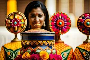 uma mulher é segurando uma colorida Panela com flores gerado por IA foto