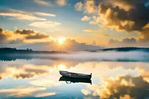 uma barco é flutuando em uma calma lago às nascer do sol. gerado por IA foto