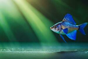uma azul peixe com uma brilhante verde fundo. gerado por IA foto