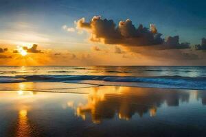 a Sol sobe sobre a oceano e nuvens refletido dentro a água. gerado por IA foto