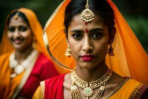 dois mulheres dentro tradicional indiano traje. gerado por IA foto