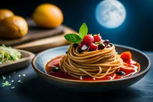 espaguete com tomate molho e fresco fruta em uma Sombrio mesa. gerado por IA foto
