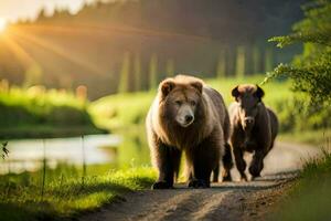 dois Castanho ursos caminhando baixa uma sujeira estrada. gerado por IA foto